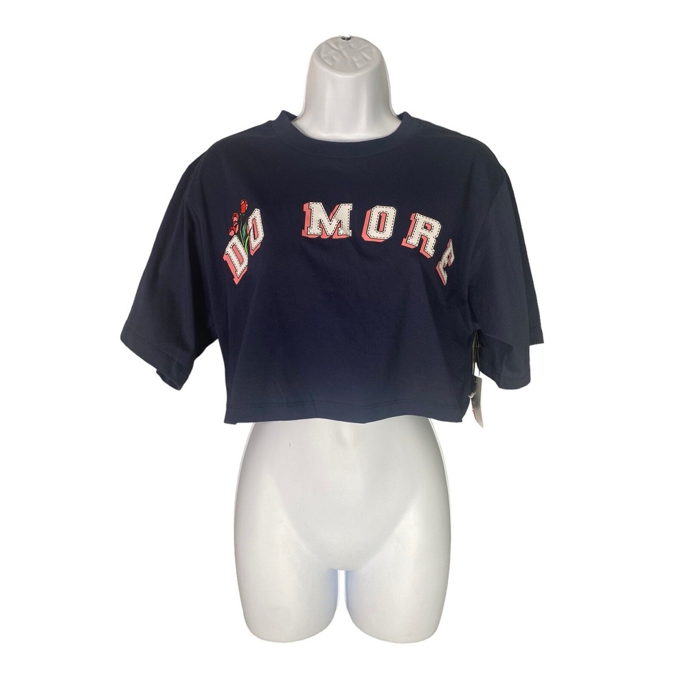 Abound Do More Womens Crop Top Navy Cotton Blend Short Sleeve Spell Out Small